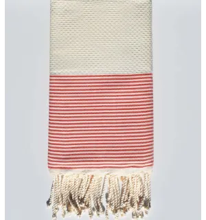 Telo mare a nido d'ape bianco crema con strisce rosse di nasturzio Fouta Tunisia - 1