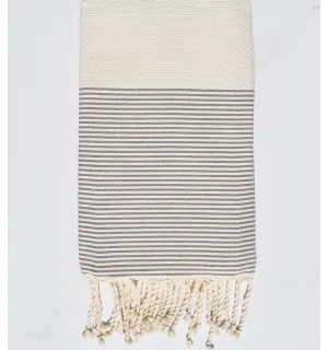 Telo mare nido d'ape bianco crema a righe taupe  - 1