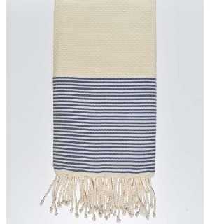 Telo mare nido d'ape ecru con righe blu scuro blue Fouta Tunisia - 1