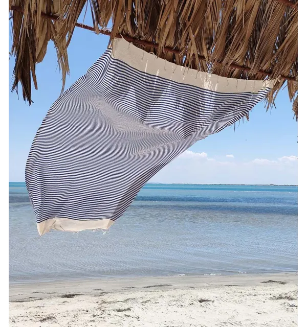 Fouta nido d'ape con strisce blu marino continue  - 1