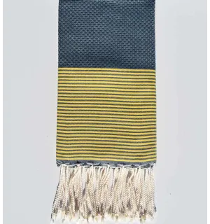 Telo mare nido d'ape blu minerale a righe gialle Fouta Tunisia - 1