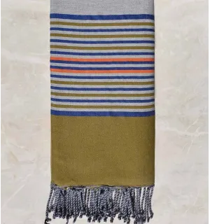 Grande fouta grigio con strisce blu, verde kaki e arancione  - 1 2