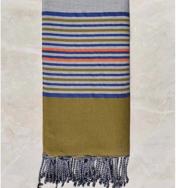 Grande fouta grigio con strisce blu, verde kaki e arancione  - 2