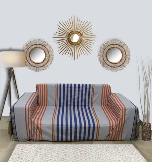 Grande fouta grigio con strisce blu, verde kaki e arancione  - 1