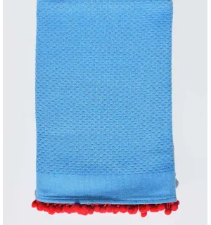 Telo mare azzurro con pompon rosso Fouta Tunisia - 1