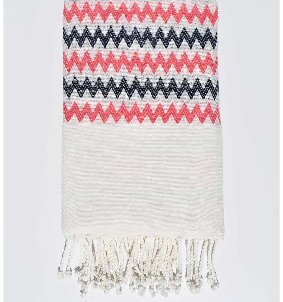 Telo mare zigzag bianco crema, rosa e blu Fouta Tunisia - 2