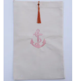 Pochette beige chiaro ricamato con motivo ad ancora e con pompon arancione Fouta Tunisia - 1