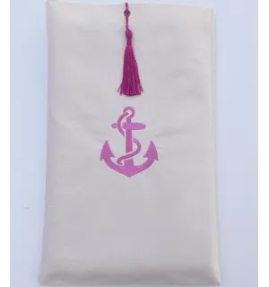 Pochette beige chiaro ricamato con motivo ad ancora rosa con pompon Fouta Tunisia - 1