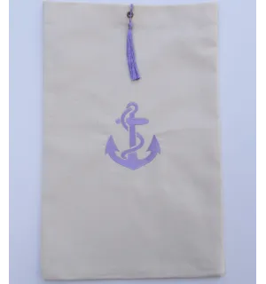 Pochette beige chiaro ricamata con motivo ad ancora lavanda con pompon Fouta Tunisia - 1