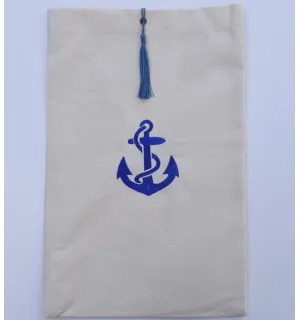 Pochette beige chiaro ricamato con motivo ad ancora blu e pompon blu Fouta Tunisia - 1