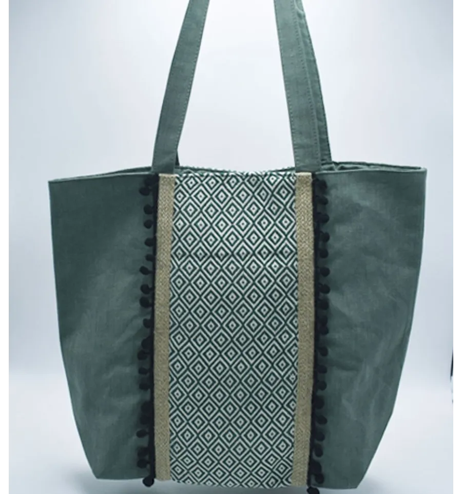 Borsa Saint Tropez verde con pompon neri Fouta Tunisia - 2