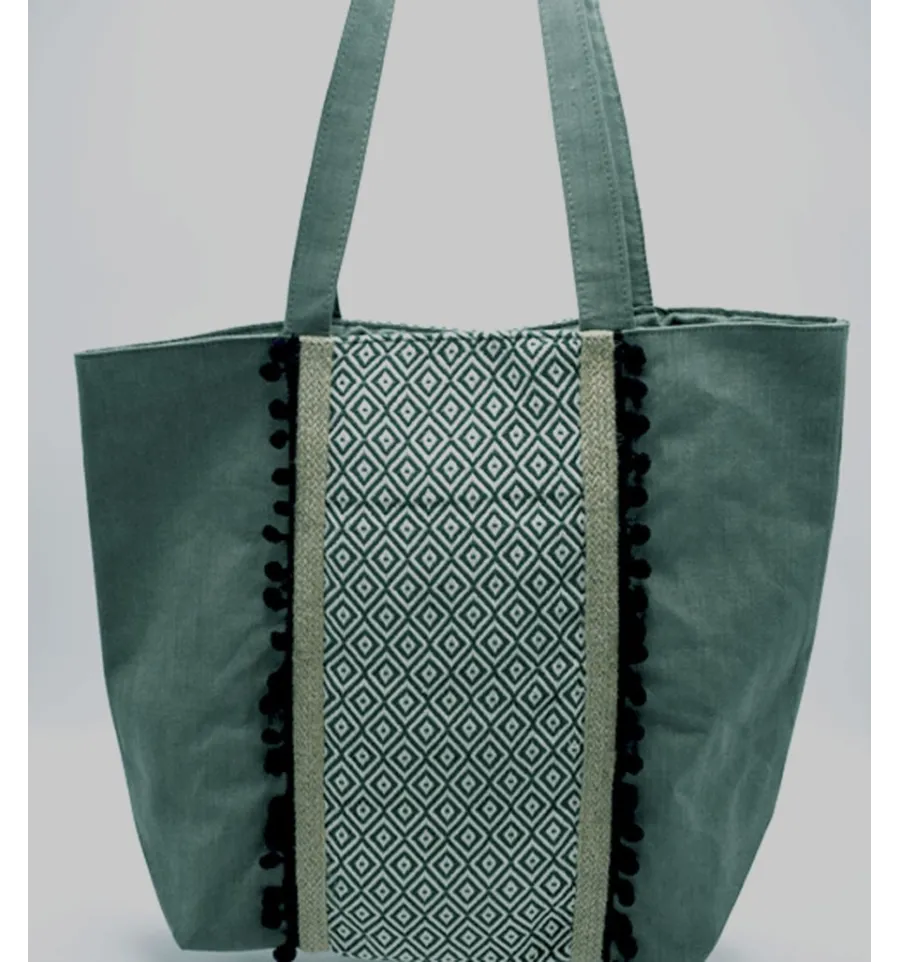 Borsa Saint Tropez verde con pompon neri Fouta Tunisia - 3