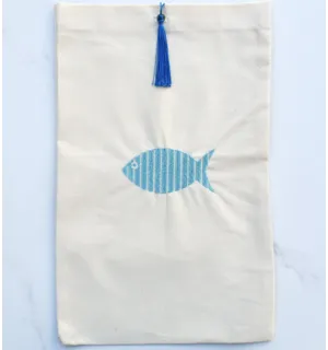 Pochette beige chiaro ricamata con pesci turchesi e con pompon Fouta Tunisia - 1