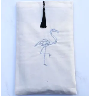 Pochette beige chiaro con ricamo fenicottero argento e pompon Fouta Tunisia - 1