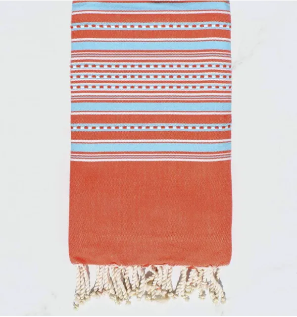 telo mare arabesco arancio scuro con strisce azzurre Fouta Tunisia - 1