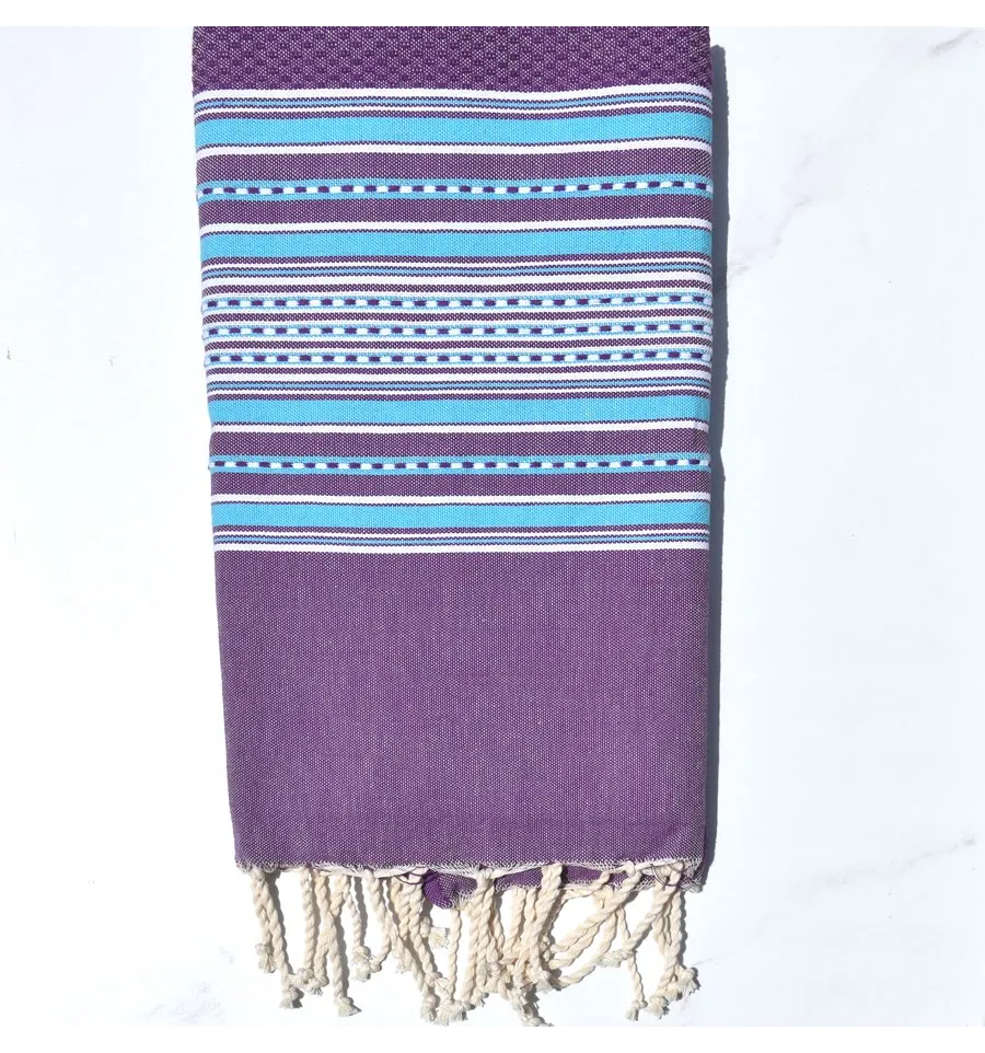 Telo mare arabesca viola con strisce blu celeste Fouta Tunisia - 1