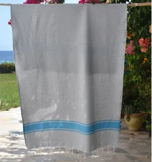 Telo mare Grigio con Strisce Azzurre Fouta Tunisia - 1