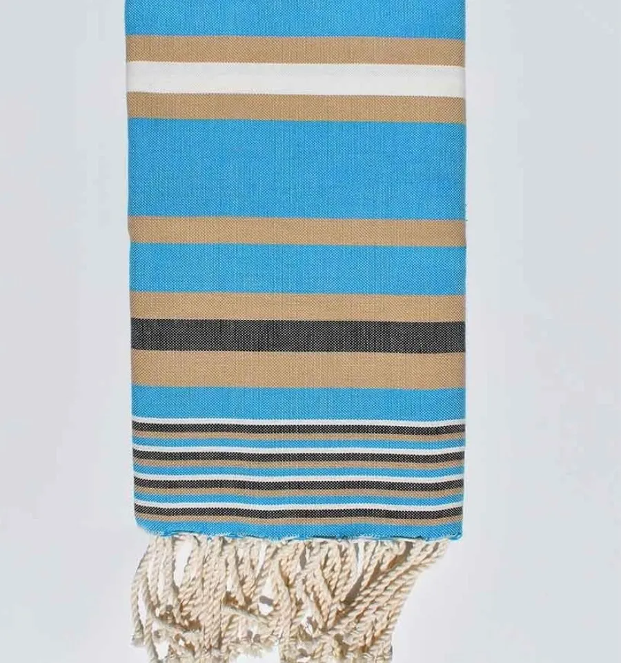 Telo mare celeste blu, beige e bianco 100x200 cm - 100 % Cotone - FOUTA TUNISIA