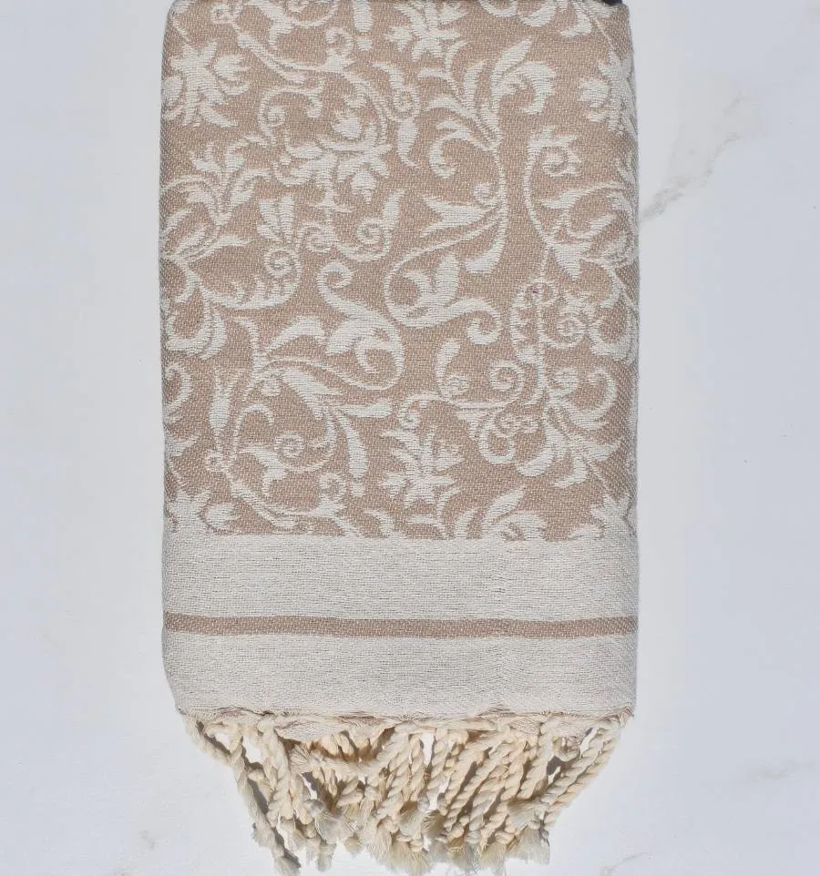 Telo mare jacquard beige – Fouta floreale in cotone, morbida e assorbente per spiaggia o piscina