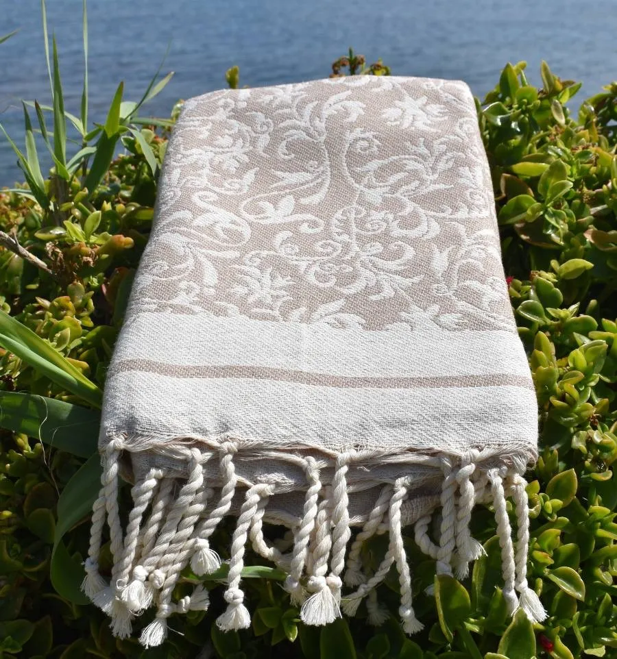 Telo mare jacquard beige – Fouta floreale in cotone, morbida e assorbente per spiaggia o piscina