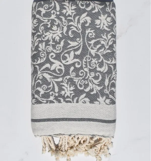 Telo mare Versailles grigio – Fouta da spiaggia con motivo floreale, telo mare, fouta jacquard elegante