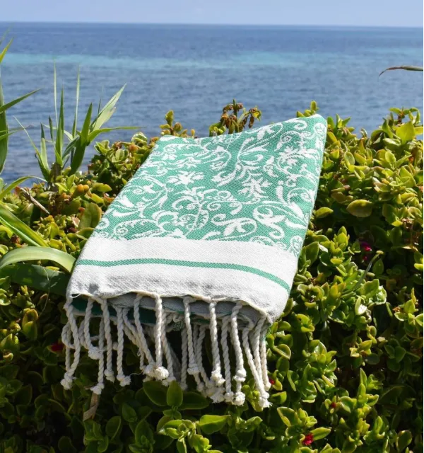 Telo mare Versailles verde – Telo con motivo floreale, telo da spiaggia, telo jacquard assorbente