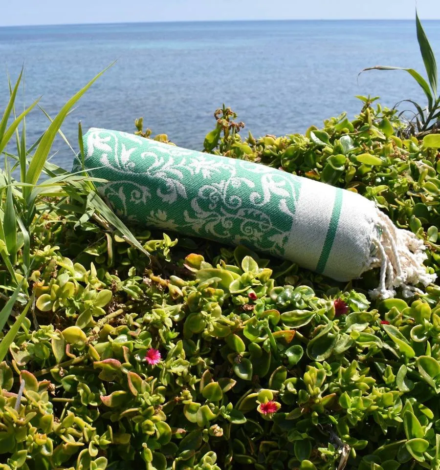 Telo mare Versailles verde – Telo con motivo floreale, telo da spiaggia, telo jacquard assorbente