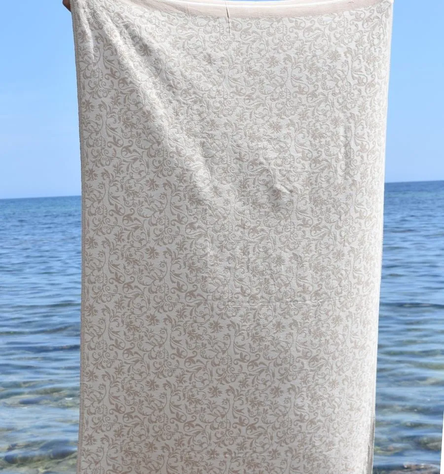 Telo mare jacquard beige – Fouta floreale in cotone, morbida e assorbente per spiaggia o piscina