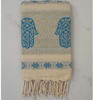 Fouta khomsa azzuro con filo lurex oro 