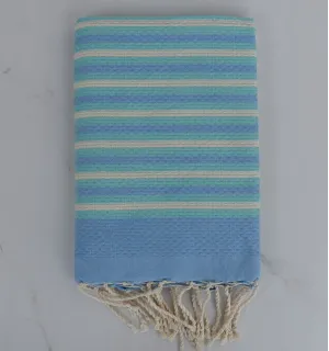 Fouta nido d'ape a strisce 1 cm blu, bianco crema e turchese 