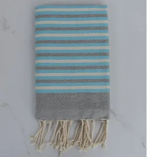 Fouta nido d'ape a strisce da 1 cm gri, blu azzurro e crema blan 