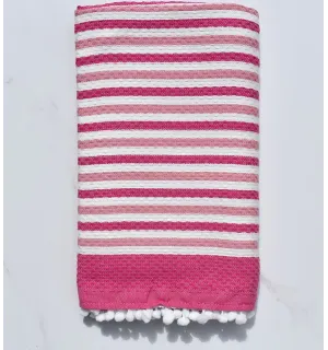 Fouta bianco sporco e rosa con pompon 