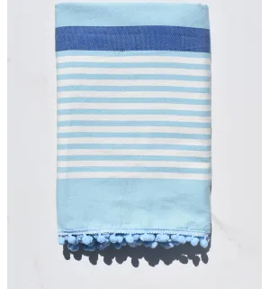 Fouta sporco bianco, blu e azurin con pompon 