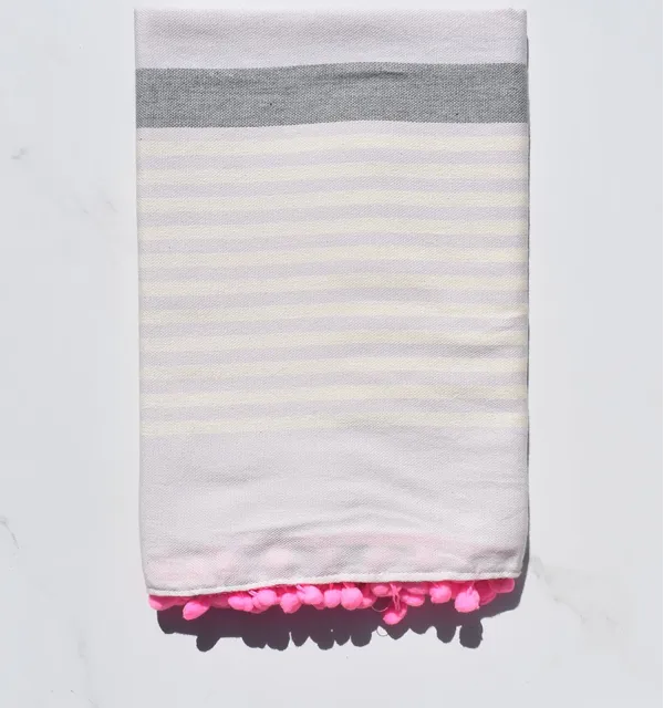 Fouta glicine bianco crema, grigio e leggero con pompon 