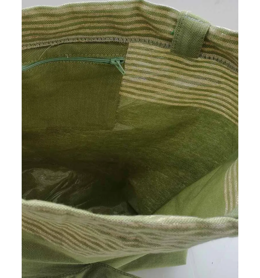 Borsa da spiaggia verde oliva con lurex dorato 
