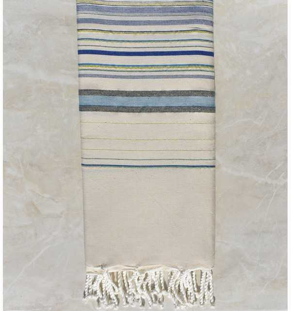 Grande fouta fadhila bianco crema e blu con lurex 