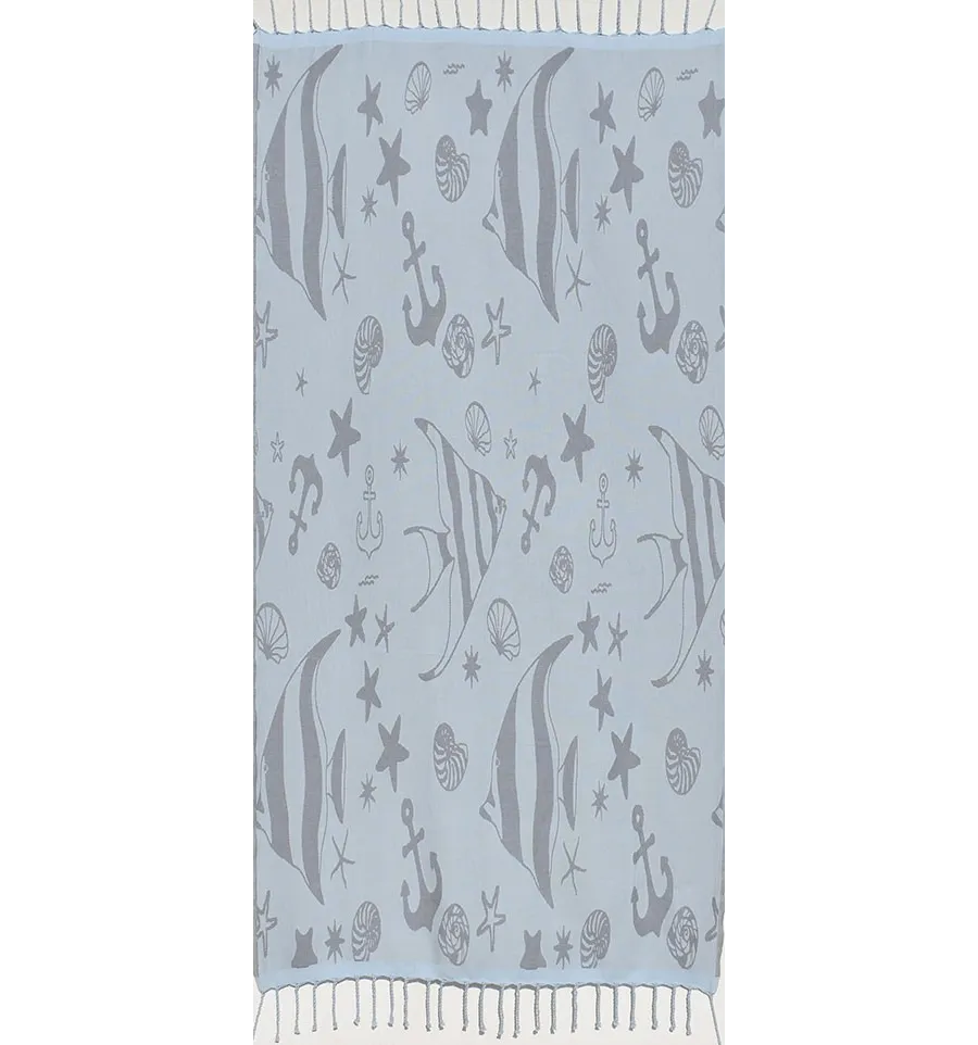 Telo mare jacquard  stella di mare orizzonte blu e polvere blu 