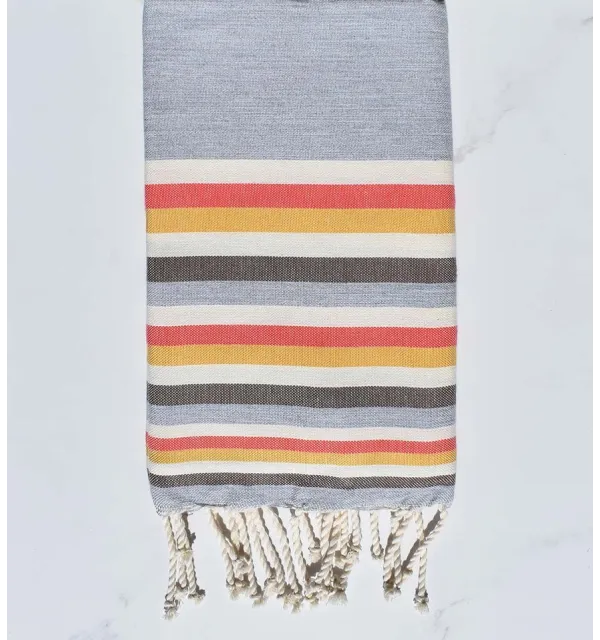 Telo mare Fouta grigio, bianco acquerello rosa, giallo e marrone 