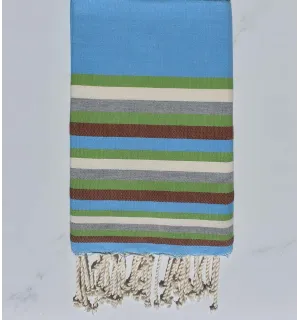 Telo mare Fouta blu chiaro, verde, bianco grigio e marrone 