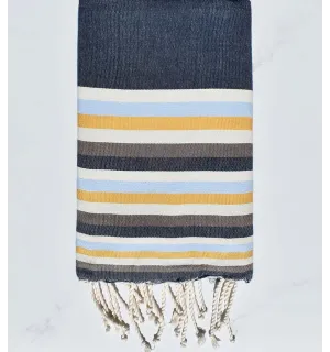 telo mare piatto denim blu, bianco crema, azzurro, giallo e marrone 