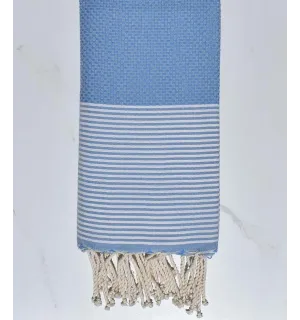 Telo mare nido d'ape blu azzurro a strisce bianche 