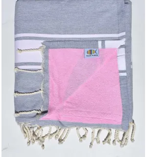 telo mare raddoppiato spugna grigio chiaro e rosa Fouta Tunisia - 1
