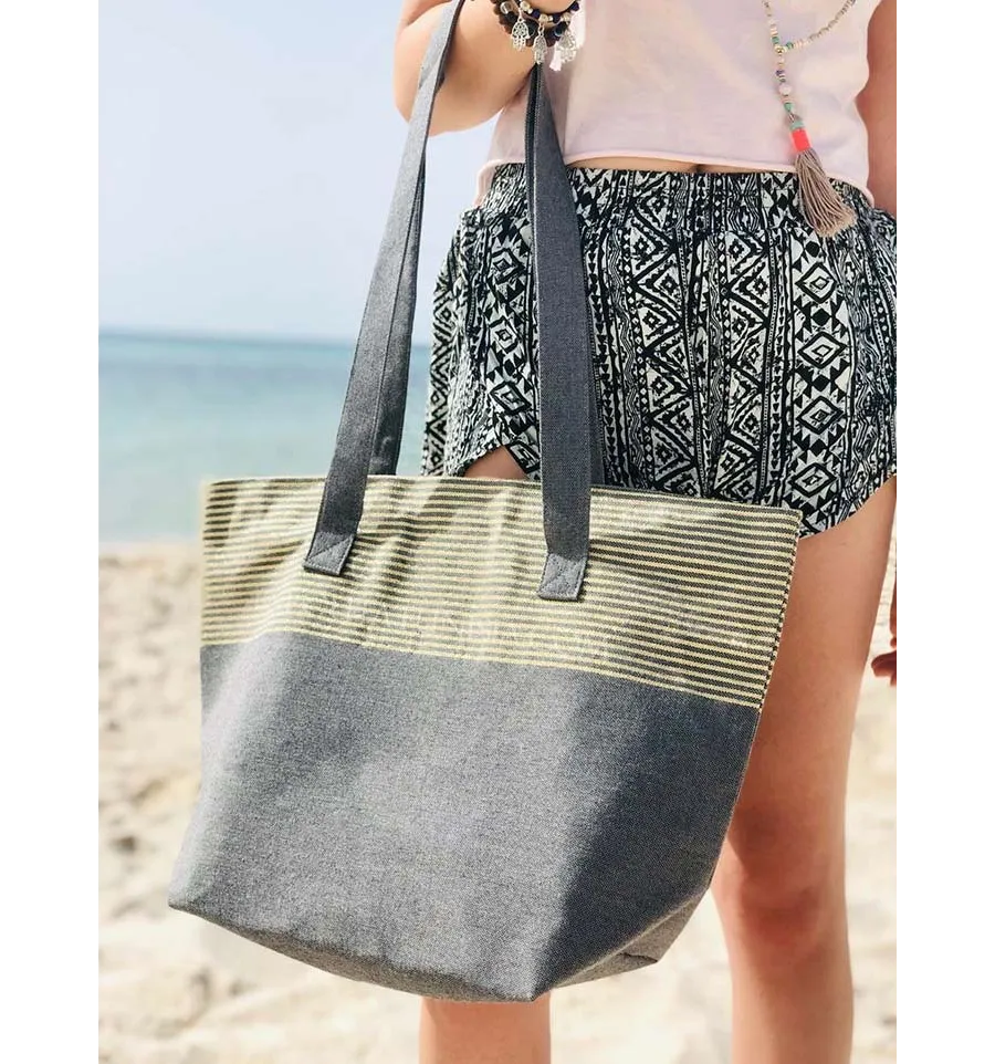 borsa da spiaggia telo mare colore grigio scuro  con lurex dorato  - 2
