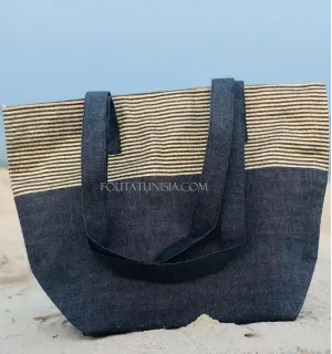 borsa da spiaggia telo mare colore blu marino  con lurex dorato  - 1