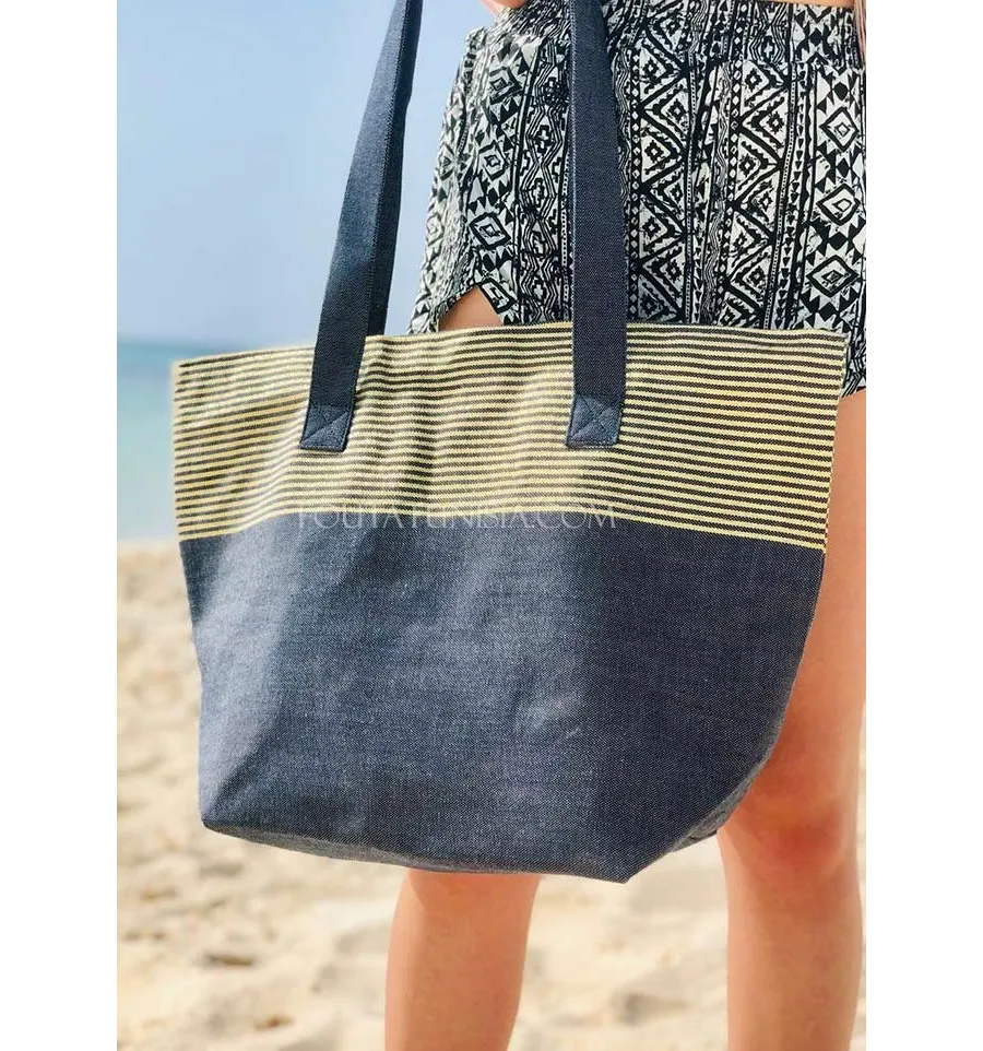 borsa da spiaggia telo mare colore blu marino  con lurex dorato  - 2