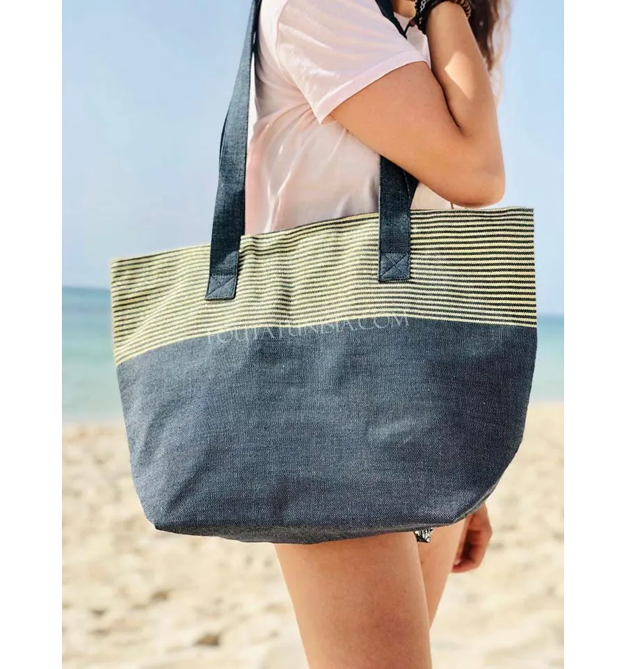 borsa da spiaggia telo mare colore blu marino  con lurex dorato  - 3