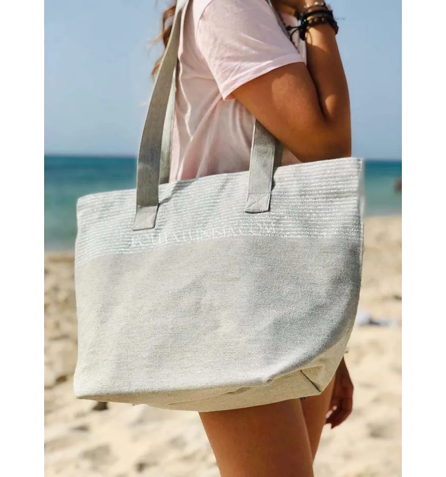 borsa da spiaggia telo mare colore grigio chiaro con lurex argento  - 1