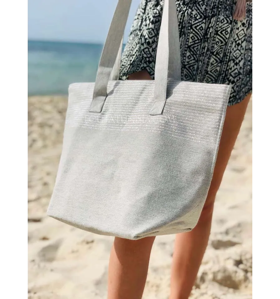 borsa da spiaggia telo mare colore grigio chiaro con lurex argento  - 2