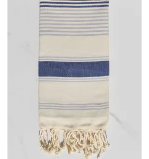 Telo mare Dina bianco crema, blu jean e blu fumo Fouta Tunisia - 1