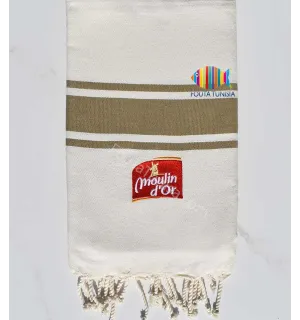 telo mare bianco crema strisce kaki ricamate con moulin d'or Fouta Tunisia - 1
